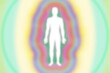 Muted grainy textured retro pulsing  rainbow aura layers - energy field with human figure  -  high resolution background