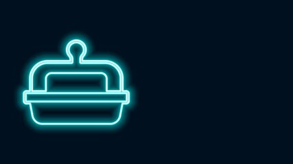 Sticker - Glowing neon line Butter in a butter dish icon isolated on black background. Butter brick on plate. Milk based product. Natural dairy product. 4K Video motion graphic animation