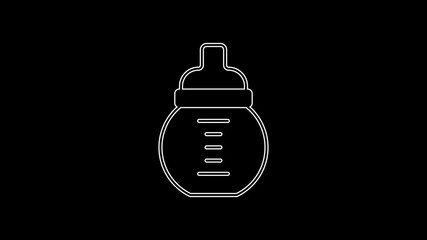 Poster - White line Baby milk in a bottle icon isolated on black background. Feeding bottle icon. 4K Video motion graphic animation