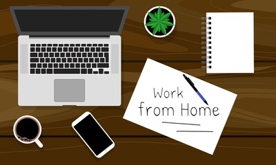 wooden office desk, work from home concept, due to covid-19 pandemic, with blank notebook page with 
