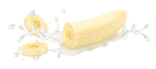 Cutted banana in milk splashes isolated on white background.