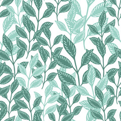 Wall Mural - Botanic seamless pattern with blue isolated leaf foliage shapes. White background. Random branches artwork.