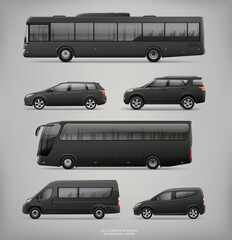 mockup set of black city bus, passenger van, car template for corporate identity and advertising des