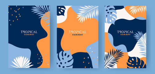 Wall Mural - Set of abstract Summer backgrounds with copy space for text, tropical leaves and plants in orange yellow and deep blue colors. Modern design templates for sale, posters, covers, cards, social media