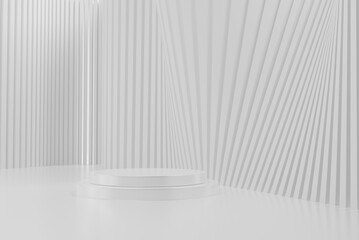 Wall Mural - White round pedestal empty on minimal white background. 3D rendering podium for product demonstration.