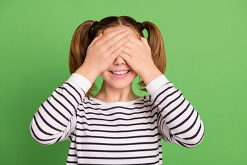 Sticker - Photo of funny tails hairdo little girl close eyes wear striped sweater isolated on green color background