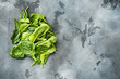 Pile of fresh green baby spinach leaves, on gray stone background, top view flat lay, with copy space for text