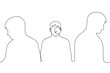 man stands between other men - one line drawing. the concept of loneliness in the crowd, outsider,