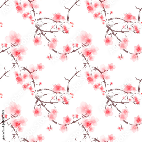 Dekoracja na wymiar  streszczenie-bezszwowe-czerwony-stonowanych-japonski-sakura-kwiat-z-oddzialow-wzor-ilustracja-na-bialym-tle