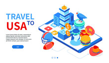 Travel To The USA - Colorful Isometric Web Banner