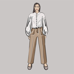 Pants and shorts with a jacket, top, blouse. Girl, doll with a set of clothes. Capsule basic wardrobe for a woman. Minimalism. Fashion. Big cupboard. Isolated vector objects.