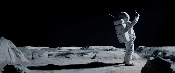 Wall Mural - wide male actor in astronaut suit making selfie on a moon lunar movie shooting set. shot with 2x ana