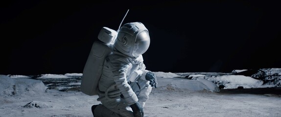 Wall Mural - cu portrait of caucasian female lunar astronaut finds something and kneels while exploring moon surf