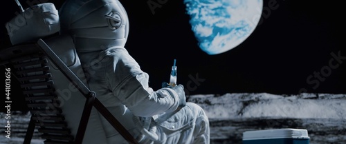 Back view of lunar astronaut opens a beer bottle while resting in a beach chair on Moon surface, enjoying view of Earth