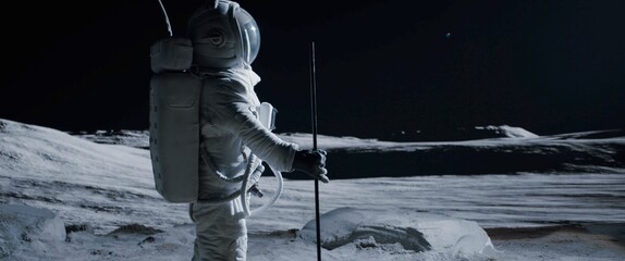 Wall Mural - portrait of lunar astronaut placing a flag pole on the moon surface