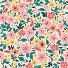 Cute Floral Pattern In The Small Flowers. Seamless Vector Texture. Elegant Template For Fashion Prints. Printing With Small Pink And Yellow Flowers. White  Background.