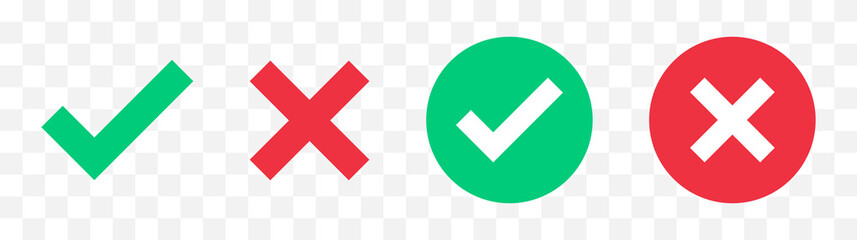 green check mark, red cross mark icon set. isolated tick symbols, checklist signs, approval badge. f