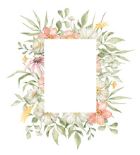 Watercolor Rectangle Frame With Elegant Bright Summer Meadow Flowers, Herbs And Wild Leaves. Wildflower Rustic Bouquet. Frame For Wedding Invitation, Cards, Covers. Lush Foliage