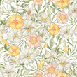Watercolor seamless pattern with wild flowers in white and yellow colors. Meadow wild flower and foliage, leaf, plants. Spring garden. Floral background for wallpaper, paper, textile, package
