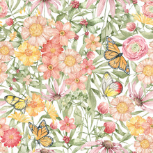 Watercolor Seamless Pattern With Wild Summer Flowers In Pink And Yellow Colors. Meadow Wild Flower And Foliage, Leaf, Plants. Spring Garden. Floral Background For Wallpaper, Paper, Textile, Package