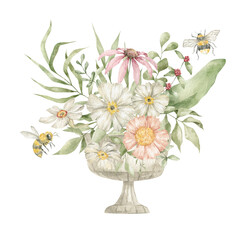 Watercolor composition with flower bouquet in antique vase and butterflies. Aesthetic element of summer garden. Floral decoration, insect, botanical elements. Delicate, romantic, vintage botanical art