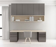 © Phongphan - Minimalist desk with built-in cabinet and gray wall , wood floor. 3d rendering