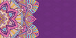 Horizontal mandala banner. Decorative flower mandala background with place for text. Color mandala on purple background. Arabic Islamic style. Pink, yellow, blue colors. Vector color illustration.