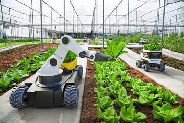 agriculture robotic and autonomous car working in smart farm, future 5g technology with smart agricu