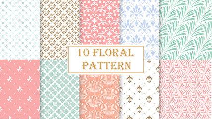Geometric floral set of seamless patterns. Colored vector backgrounds. Simple illustrations