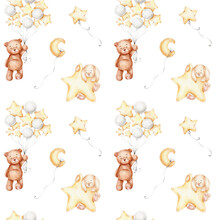Seamless Pattern With Teddy Bear, Bunny And Balloons; Watercolor Hand Drawn Illustration; With White Isolated Background