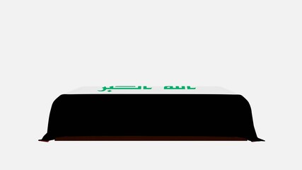 Side View of a Casket on a White Background covered with the Country Flag of Iraq