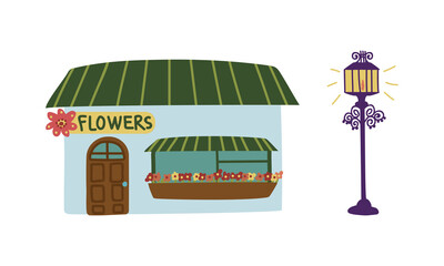 Wall Mural - Flower Shop and Street Light as City Element Vector Set