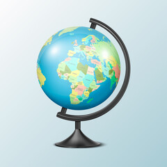 Vector Realistic 3d Globe of Planet Earth with Political Map of World Icon Closeup Isolated. Design Template, Mockup of School Globe on Table, Model of Earth for Graphics, Clipart. Front view