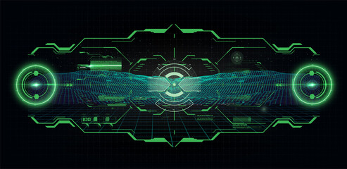 Wall Mural - Futuristic helmet or cockpit view in HUD, FUI style. Luminous visual display of vehicle technology. Future virtual sight, dashboard, view frame Futuristic game interface. Virtual Reality Technology