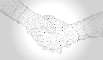 Digital handshake - Wireframe technology illustration of two people shaking hands. Vector.