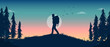 Man walking in nature at night - Silhouette of person with backpack wandering alone in landscape. Vector illustration.