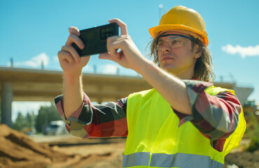 Building contractor with mobile phone shooting work they done.