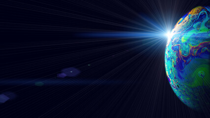 Wall Mural - Planet night. Abstract galaxy background with globe earth in universe space with sunlight on dark background. Fantastic structure of colorful bubbles.