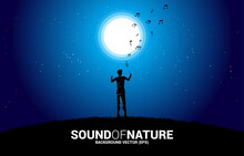 Vector Music Orchestra Conductor Under The Moon. Background Concept For Music For Natural And Spring Time.