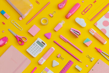 Pattern composition of school stationery on a yellow background. Back to school concept.