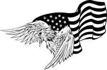 Silhouette Of Eagle Against USA Flag And White Background.