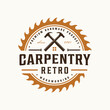 Carpenter logo, circular saw emblem badge with metal nail, hammer, window, roof, carpentry design in vintage retro style