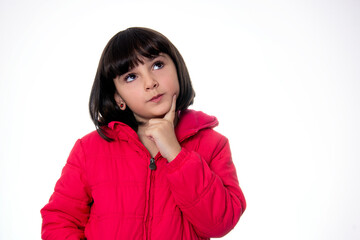 girl wearing red thinking on white background