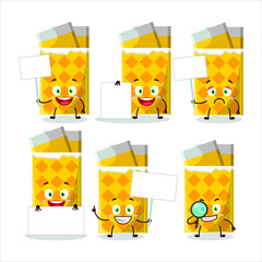 Sticker - Yellow bubble gum cartoon character bring information board. Vector illustration