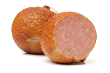 Sticker - cooked boiled ham sausage on white background