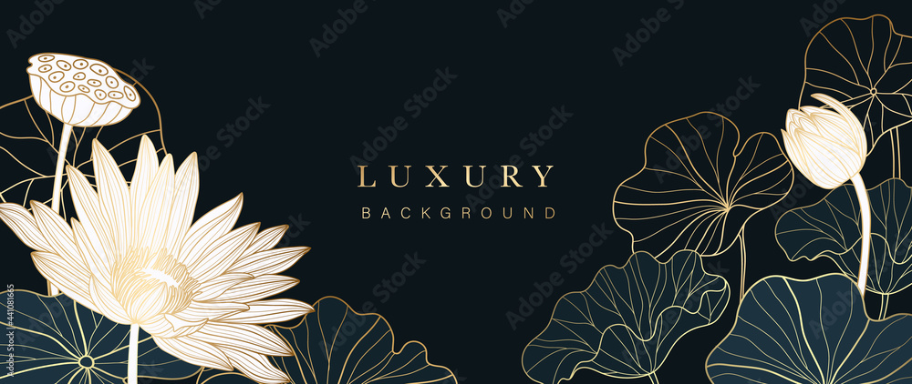 Luxury gold lotus background vector. Zen wallpaper collection with golden lotus line art. Design for yoga banner, Luxury cover design and invitation, invite, banner, Natural product packaging design. - obrazy, fototapety, plakaty 