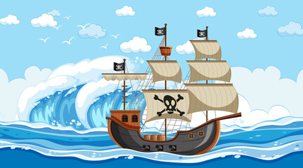 Poster - Ocean scene at day time with Pirate ship in cartoon style