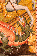 Closeup Of Slaying Dragon That Demanded Human Sacrifices From St. George On Horseback Mosaic.