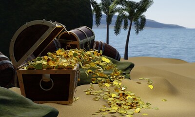 Wall Mural - Gold coins are scattered from boxes or treasure chests. wooden treasure chest put on the beach at a deserted island in the theme of Pirate treasure. 3D rendering