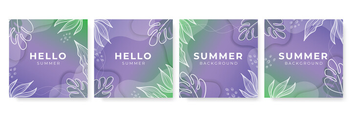 Vector set of colorful social media post and stories design templates, backgrounds with copy space for text - summer landscape. Summer background with leaves and waves